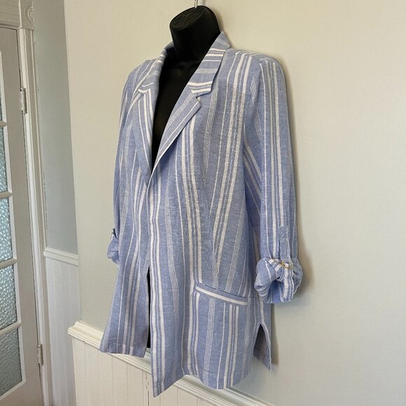 Ellen Tracy Blue & White Striped Linen Blend Blazer, Size Small - Picture 2 of 11